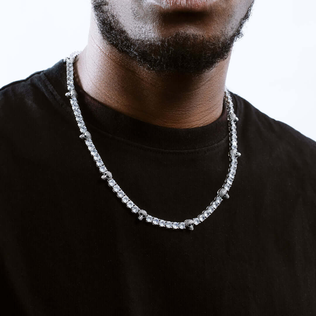 5mm Round Moissanite Tennis Chain Skullchain in 14K White Gold Front