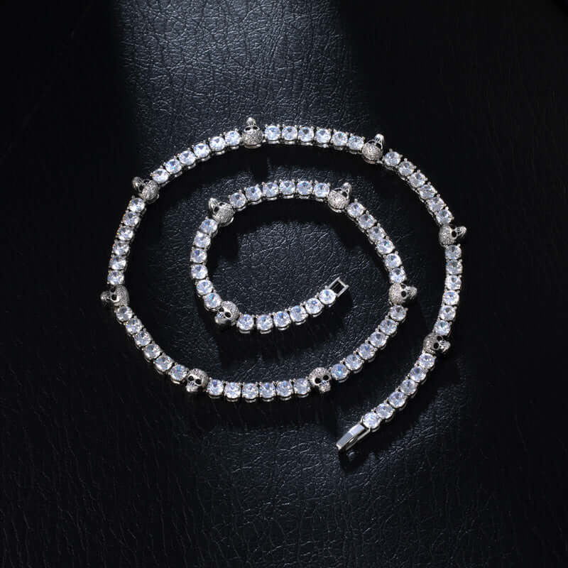 5mm Round Moissanite Tennis Chain Skullchain in 14K White Gold Front