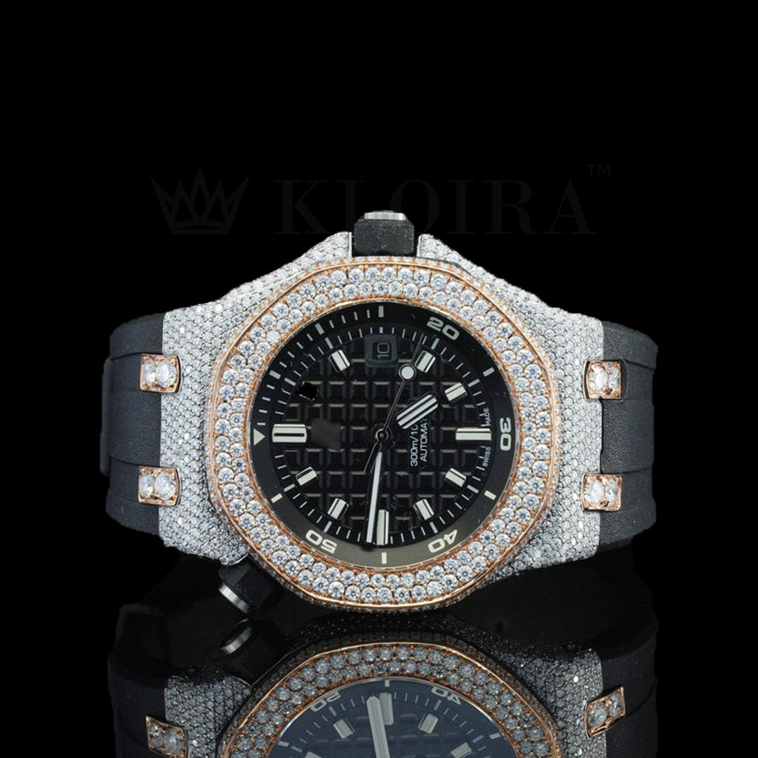 AP black dial rubber belt iced out diamond watch with natural diamonds and luxury design.