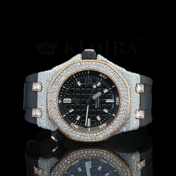 AP black dial rubber belt iced out diamond watch with natural diamonds and luxury design.