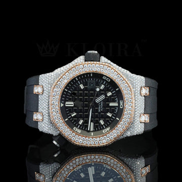 AP Black Dial Rubber Belt Iced Out Natural Diamond Watch showcasing a black dial and luxurious diamond embellishments.
