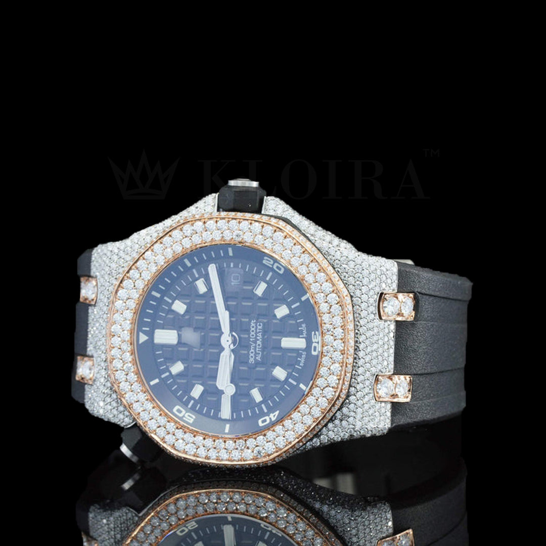 AP black dial rubber belt iced out diamond watch with natural diamonds and luxury design.