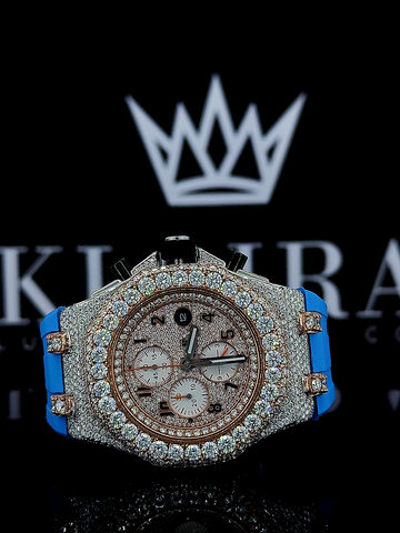 Close Up Front View of AP Blue Rubber Strap Moissanite Diamond Watch
