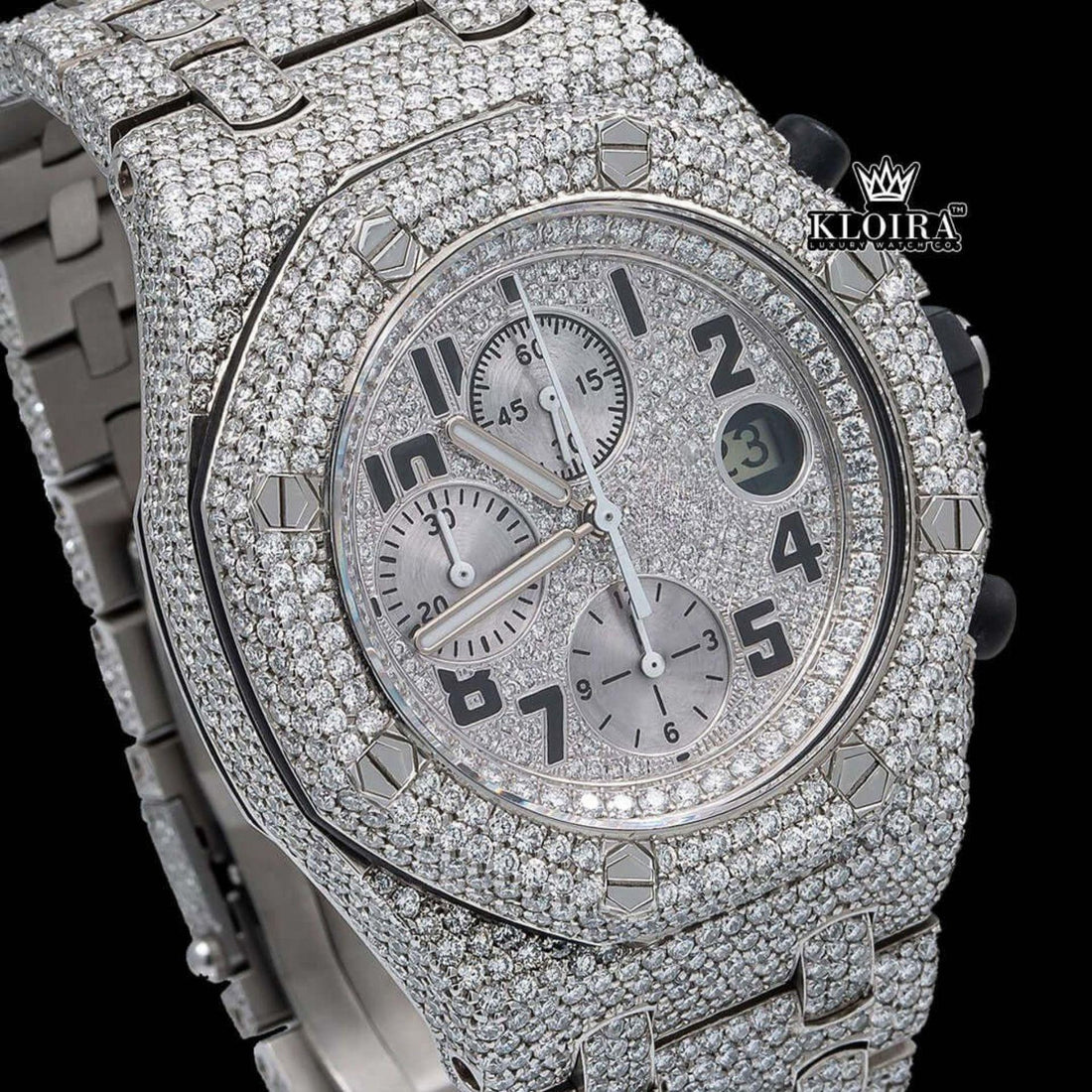 AP Chronograph Iced Out Silver Moissanite Diamond Watch Front View