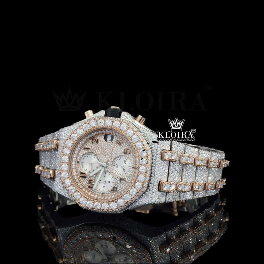 AP Fully Iced Out Two Tone Rose Gold Chrono Dial Moissanite Watch Front View