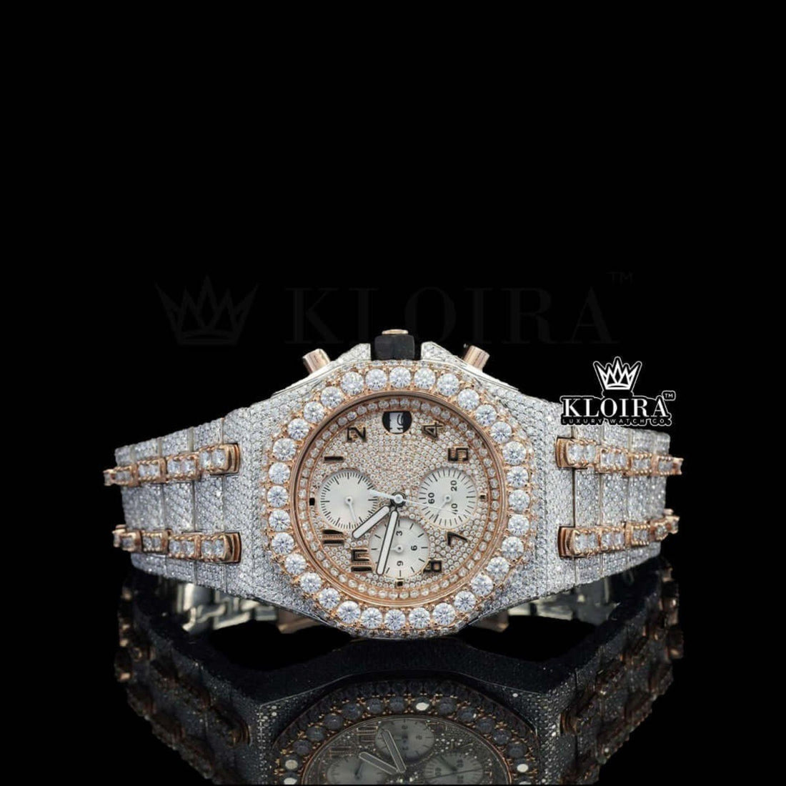 AP Fully Iced Out Two Tone Rose Gold Chrono Dial Moissanite Watch Front View
