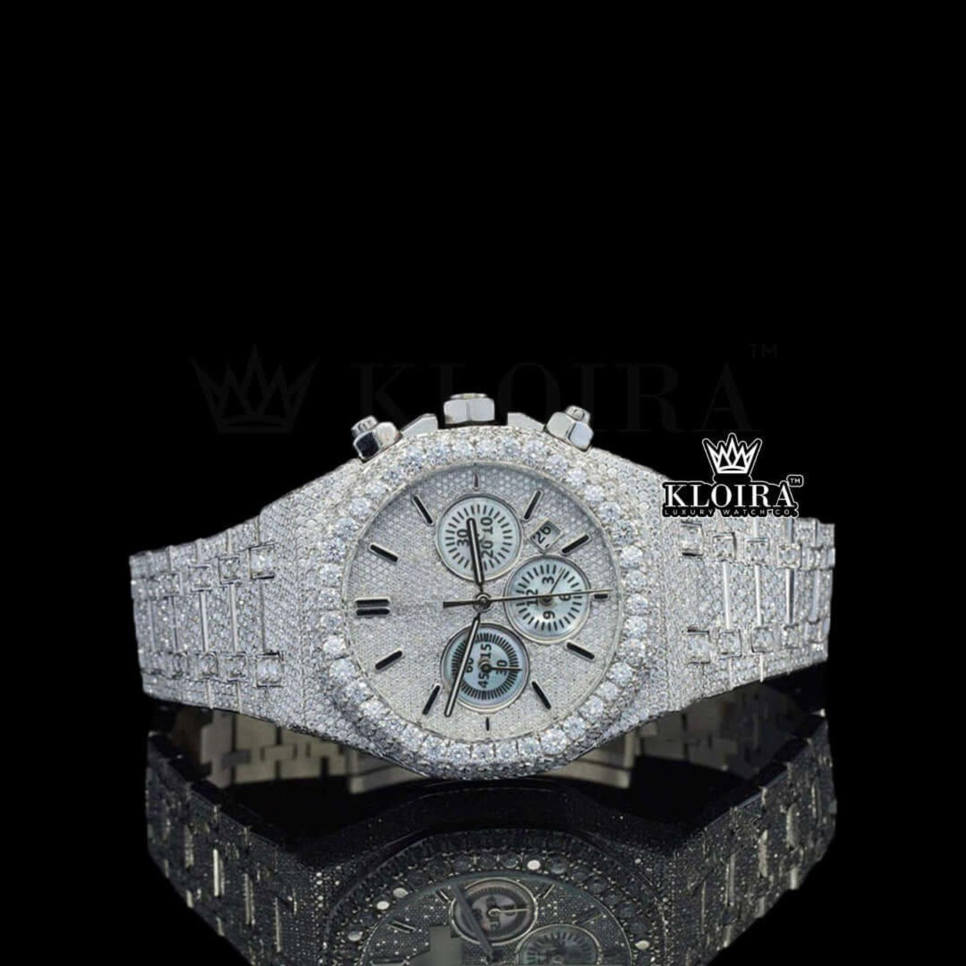 AP Fully Iced Out White Dial Moissanite Diamond Watch Front View