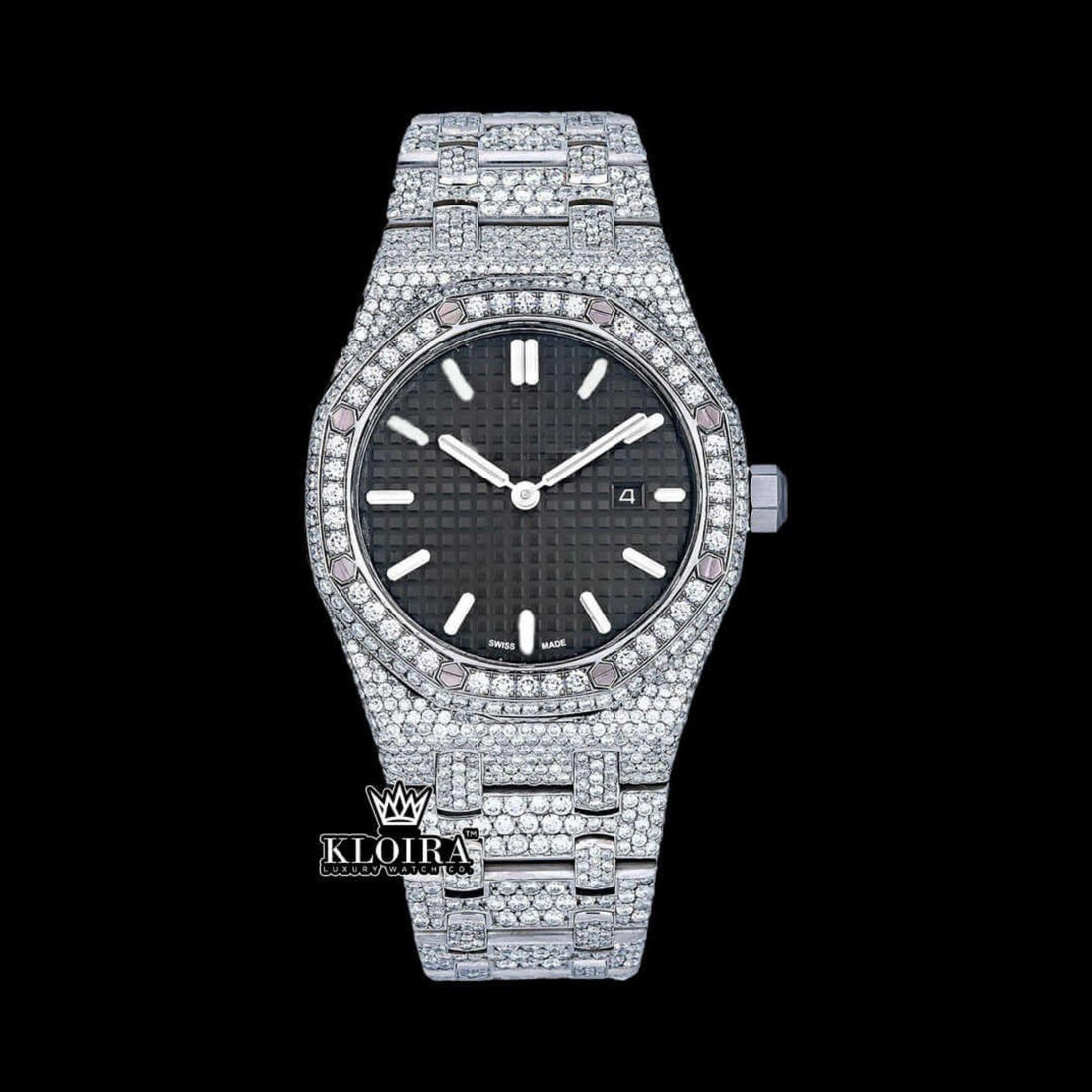 AP Inspired Black Dial Iced Out Moissanite Diamond Watch 14K Gold VVS 42mm Front View