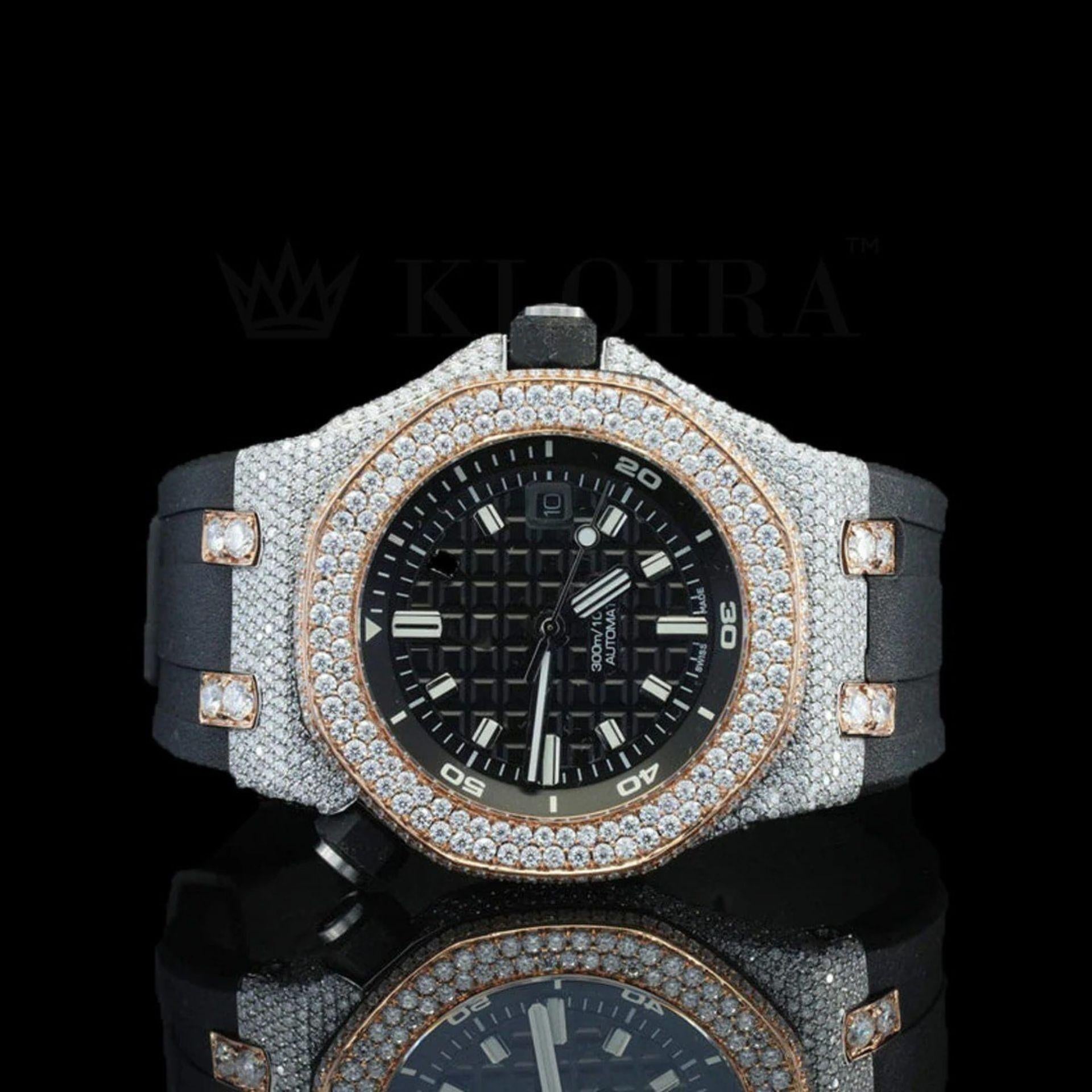 AP Inspired Black Dial Rubber Belt Iced Out Natural Diamond Watch Front View