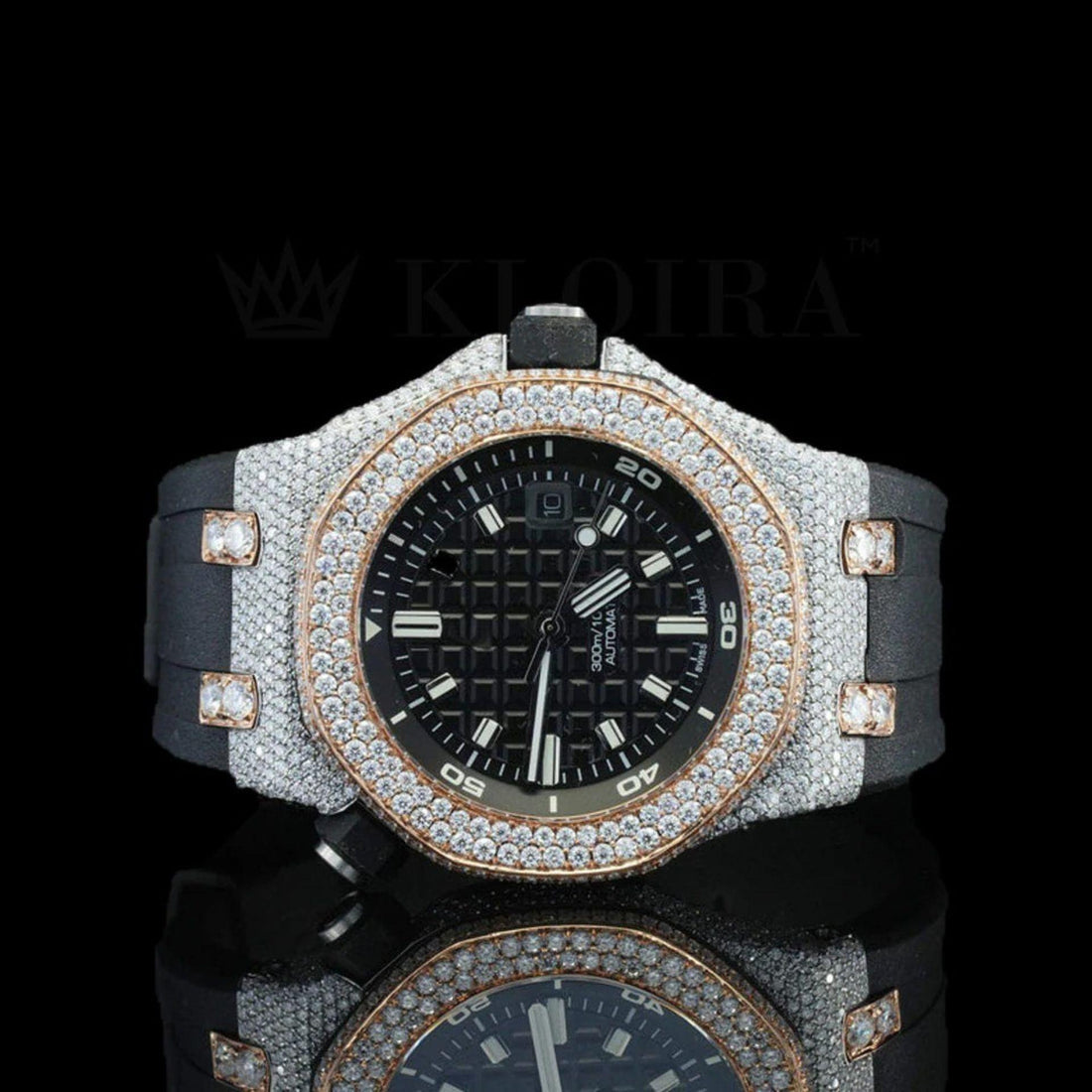 AP Inspired Black Dial Rubber Belt Iced Out Natural Diamond Watch Front View