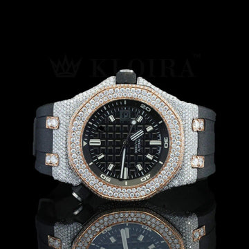 AP Inspired Black Dial Rubber Belt Iced Out Natural Diamond Watch Front View