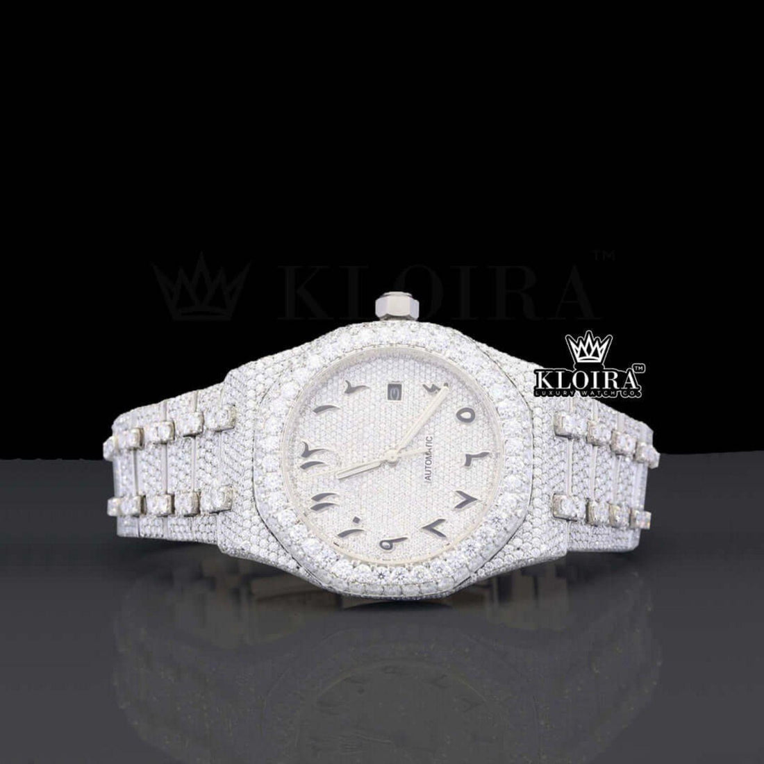 AP Inspired Iced Out Arabic Numerals Moissanite Diamond Watch 14K Gold VVS 42mm Front View