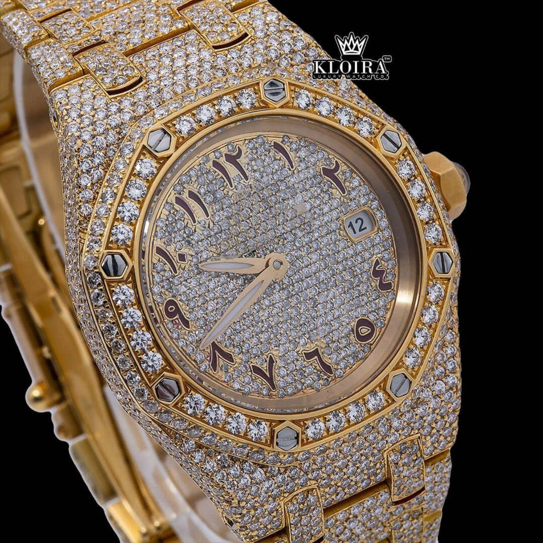 AP Inspired Iced Out Moissanite Diamond Watch Arabic Dial Yellow Gold Front View