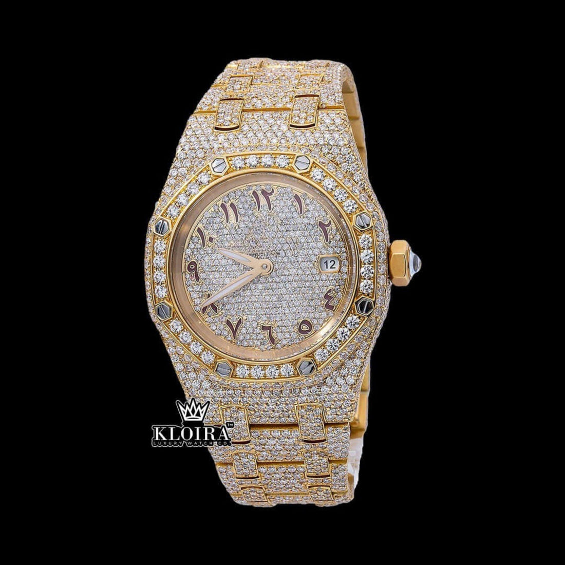 AP Inspired Iced Out Moissanite Diamond Watch Arabic Dial Yellow Gold Front View