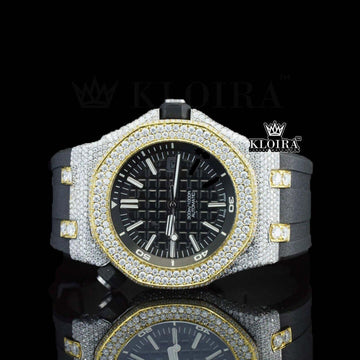 AP Inspired Style Iced Out Moissanite Diamond Watch Black Rubber Strap Front View