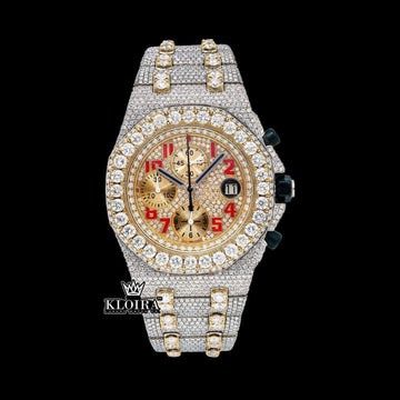 AP Inspired Two Tone Yellow Dial Moissanite Watch with Red Numerals Front View