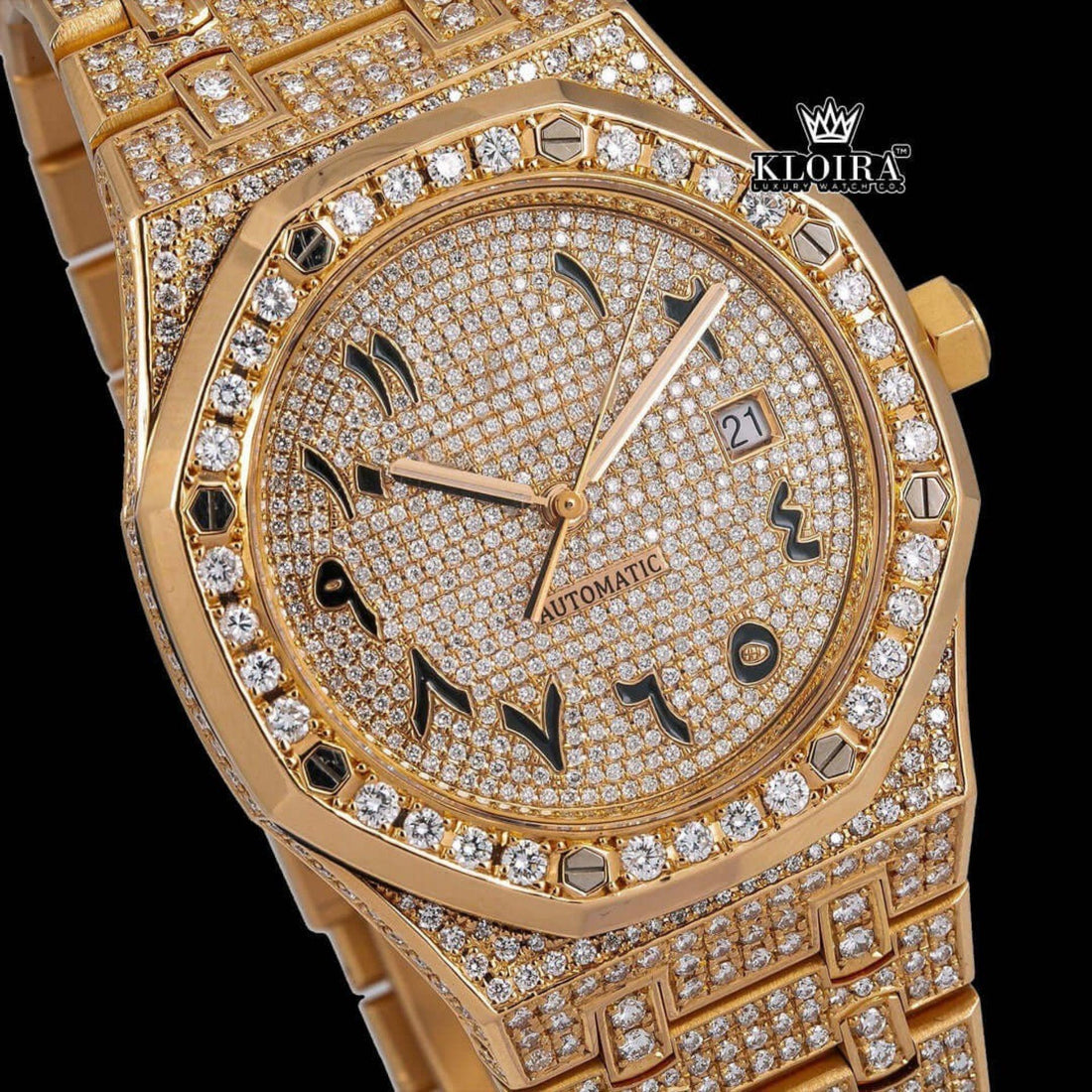 AP Inspired Yellow Gold Arabic Dial Moissanite Diamond Watch Front View
