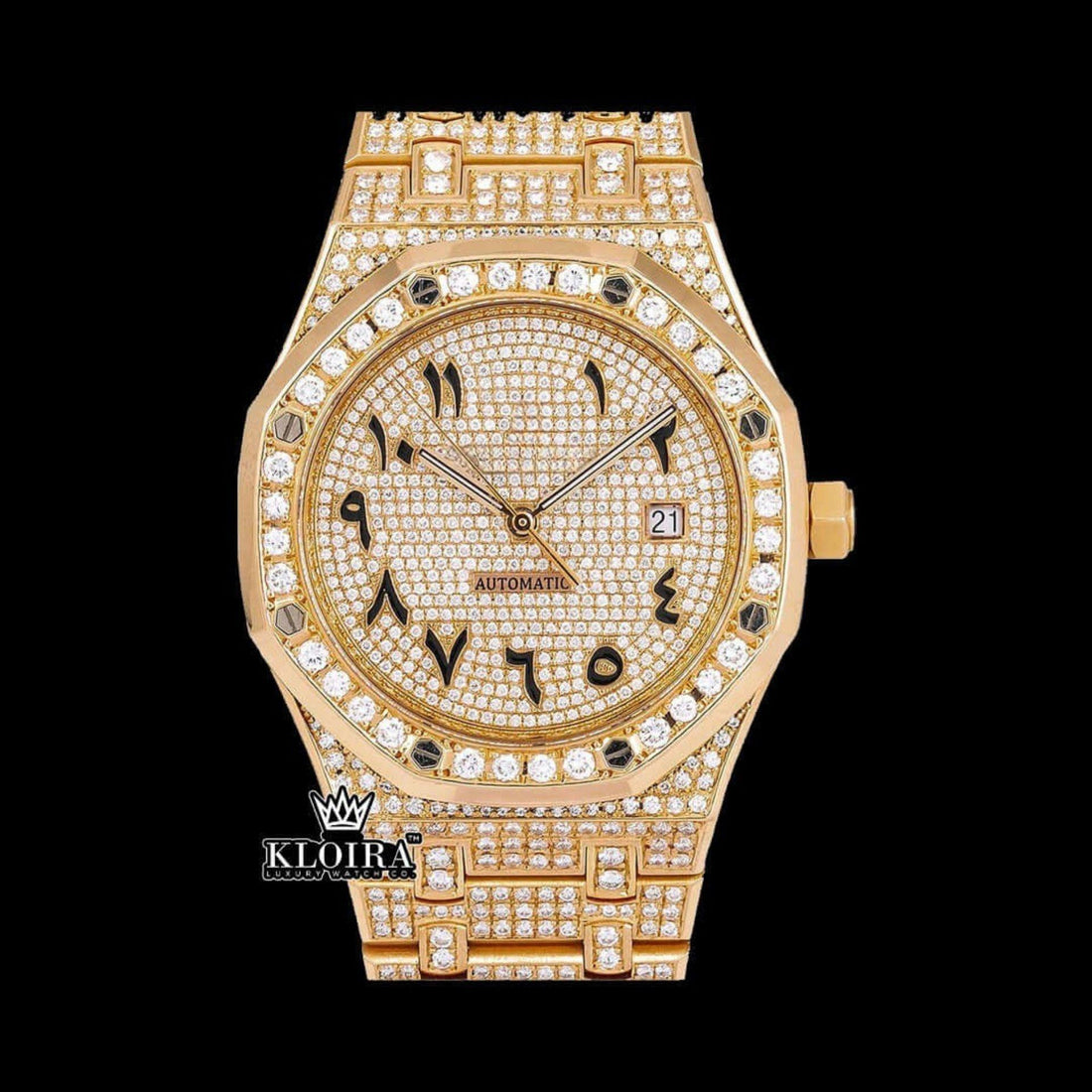 AP Inspired Yellow Gold Arabic Dial Moissanite Diamond Watch Front View