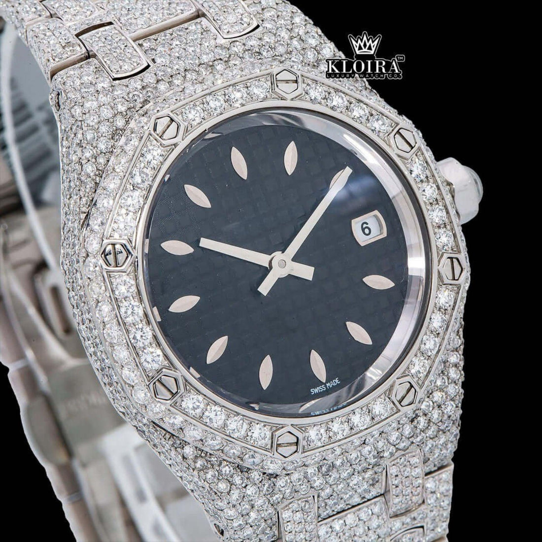 AP Royal Oak Inspired Black Dial Fully Iced Out Moissanite Diamond Watch Front View