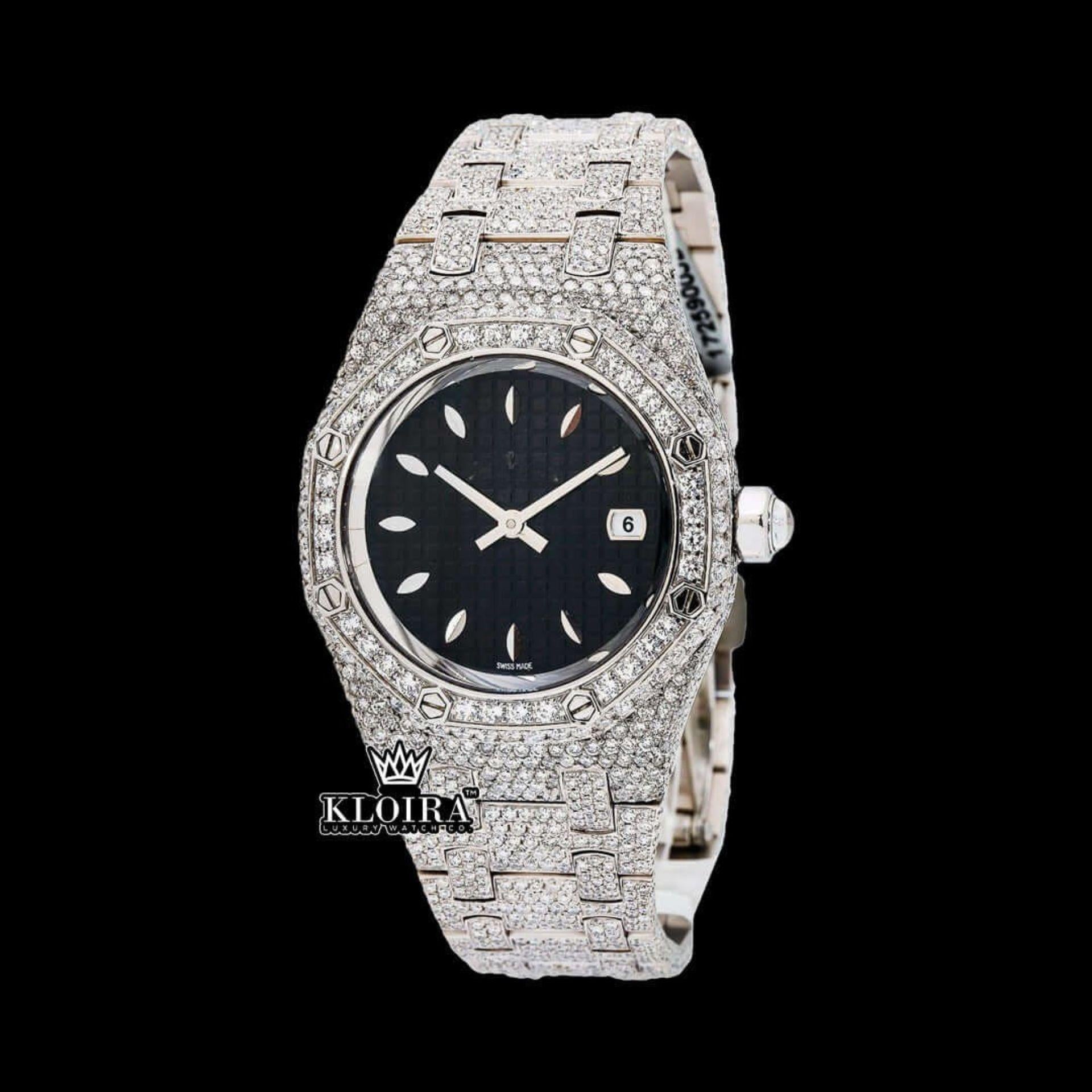 AP Royal Oak Inspired Black Dial Fully Iced Out Moissanite Diamond Watch Front View