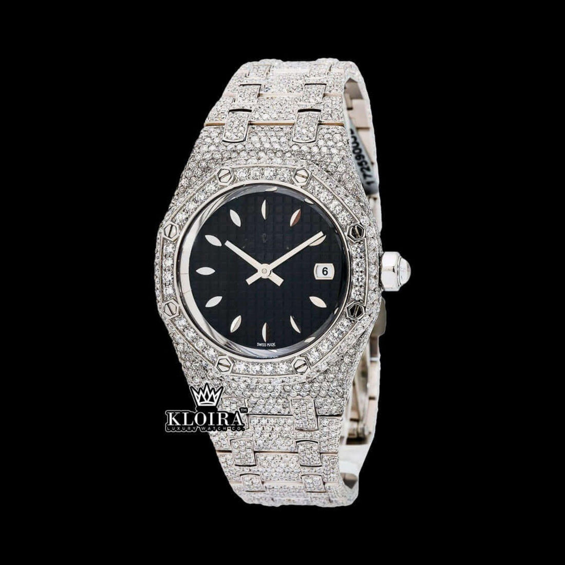 AP Royal Oak Inspired Black Dial Fully Iced Out Moissanite Diamond Watch Front View