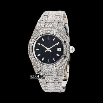 AP Royal Oak Inspired Black Dial Fully Iced Out Moissanite Diamond Watch Front View