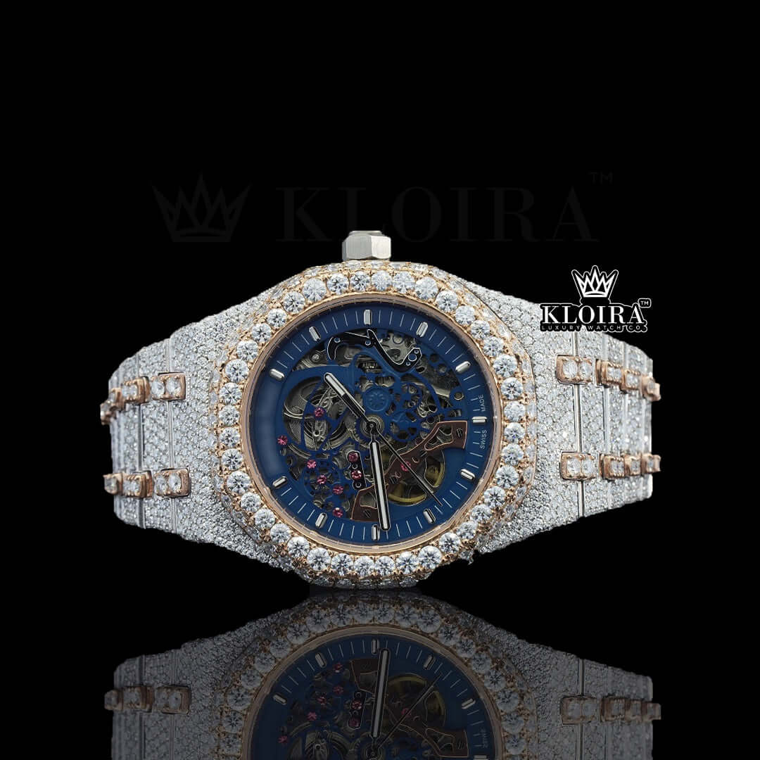 AP Skeleton Blue Iced Out Moissanite Watch 14K Gold VVS 42mm Front View