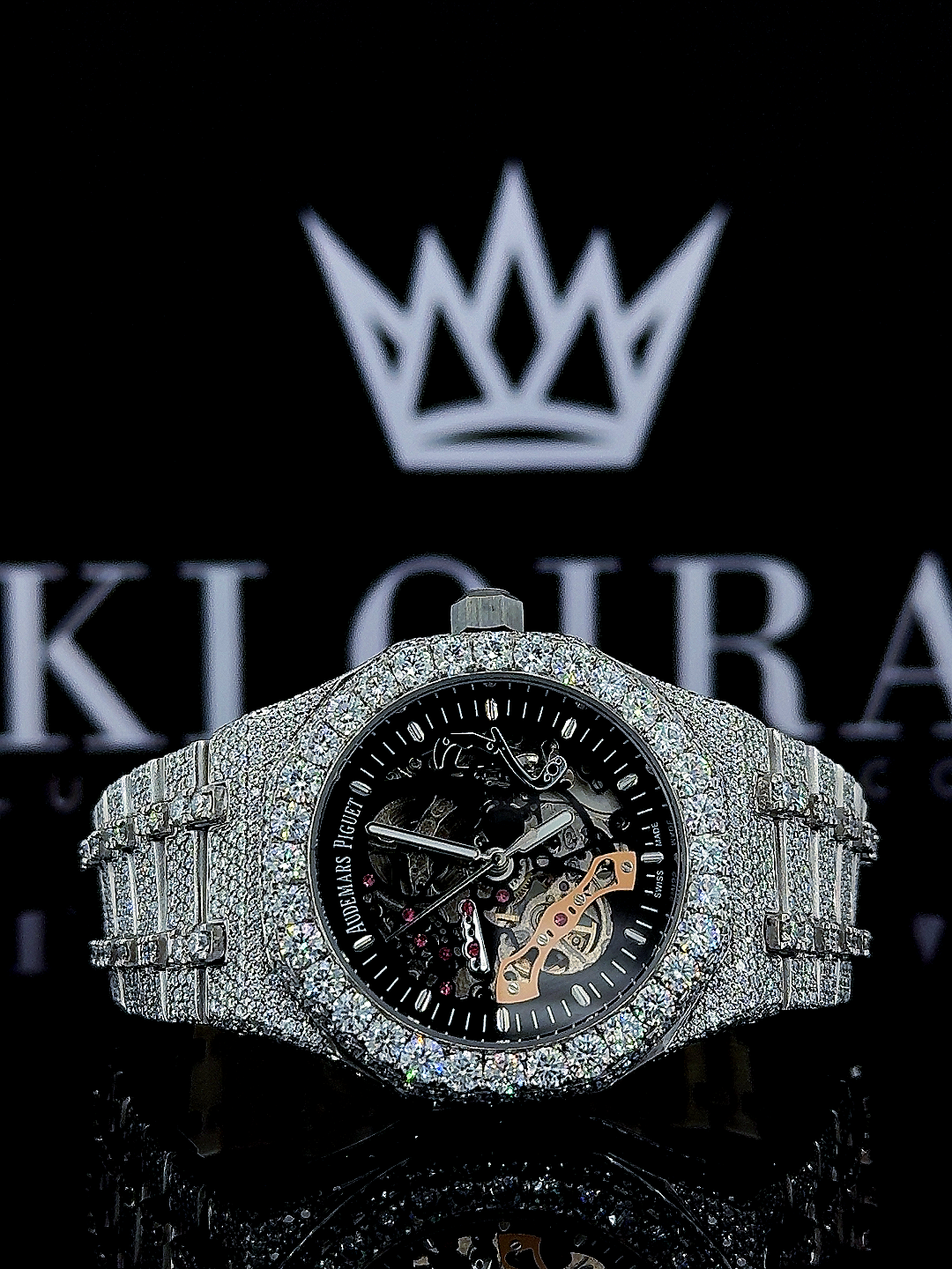 AP Skeleton Dial Full Iced Out Natural Diamond Watch with 14K gold plating and 1,260 diamonds on a black dial.