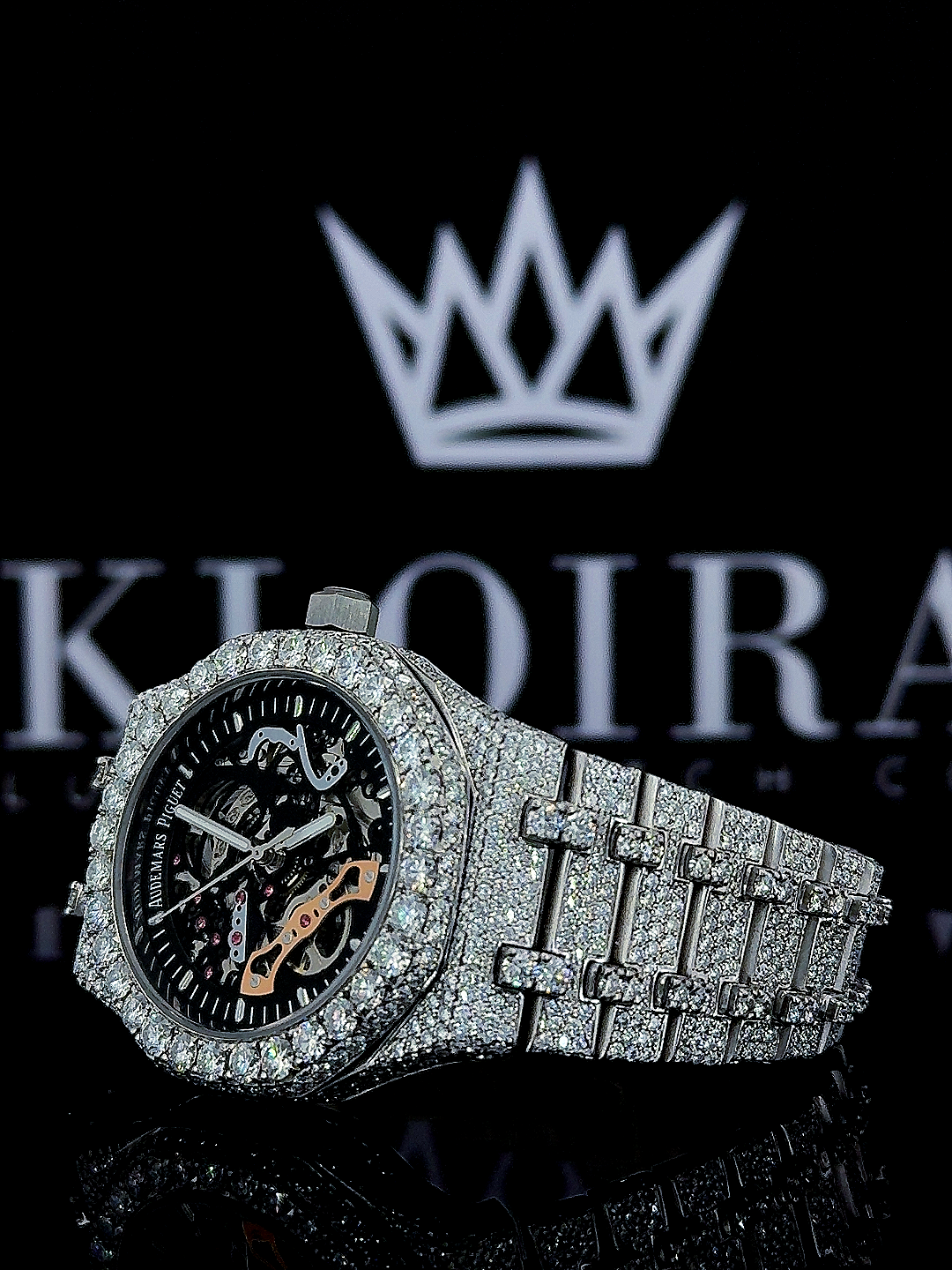 AP Skeleton Dial Full Iced Out Natural Diamond Watch with 14K gold plating and 1,260 diamonds on a black dial.