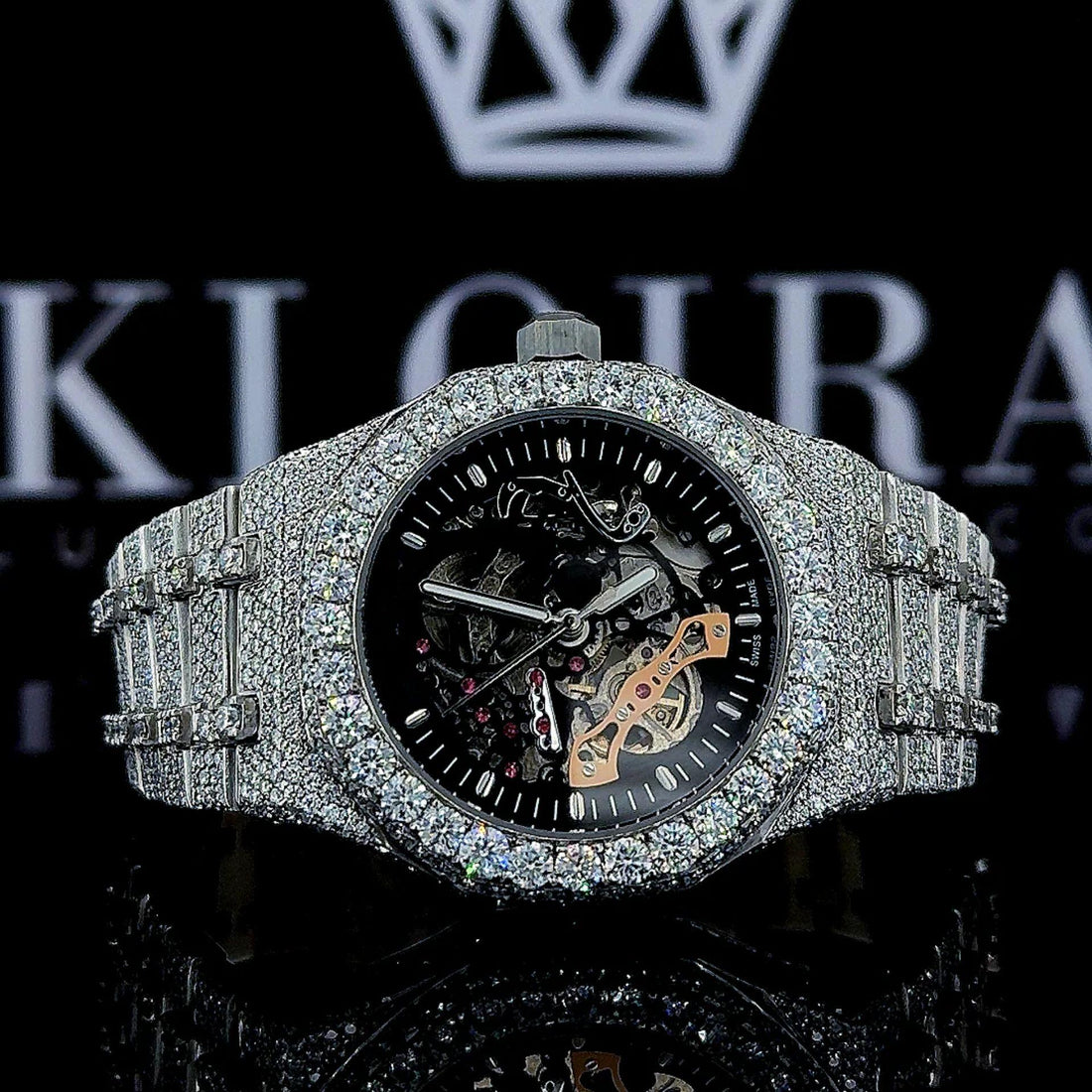 AP Skeleton Inspired Black Dial Full Iced Out Lab Grown Diamond Watch Front View