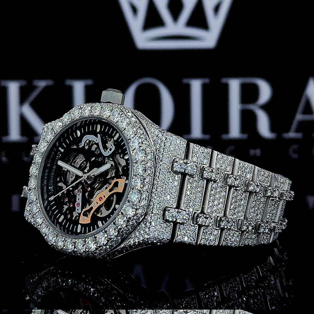 AP Skeleton Inspired Black Dial Full Iced Out Lab Grown Diamond Watch Front View