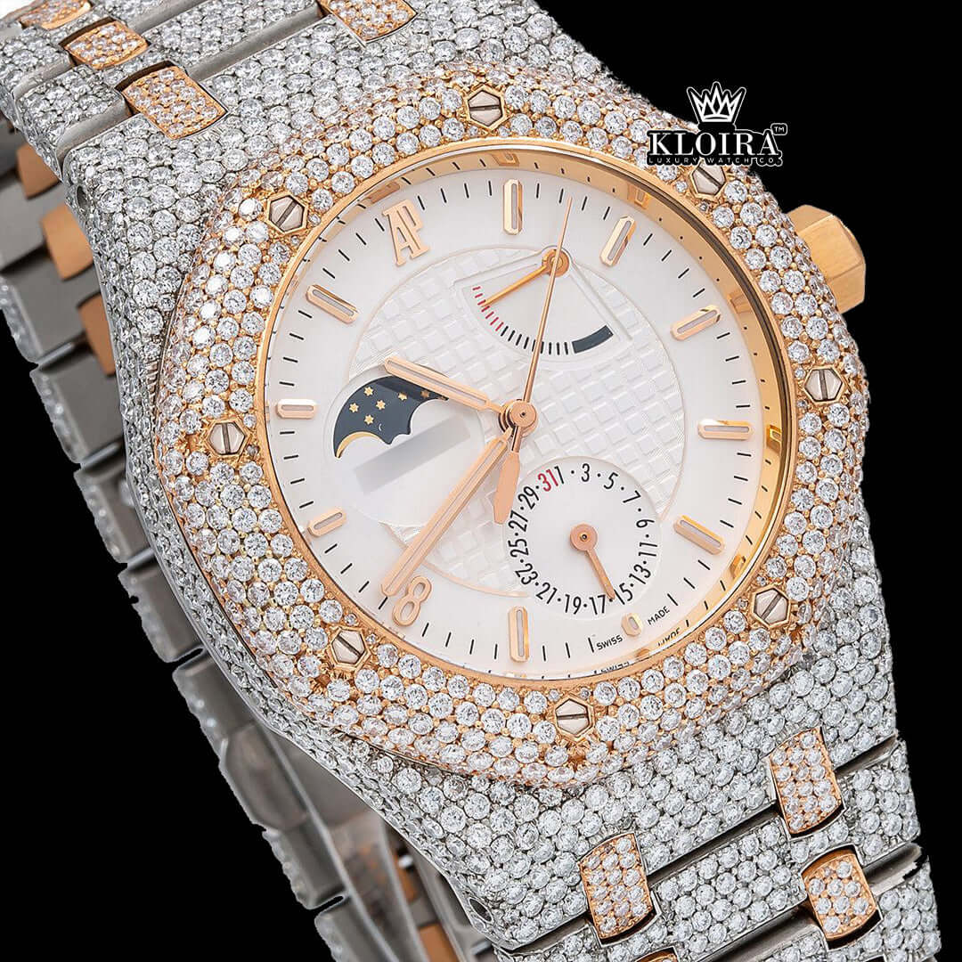 AP Royal Oak Moonphase Moissanite Diamond Watch featuring 14K gold plating and a sparkling silver bracelet.