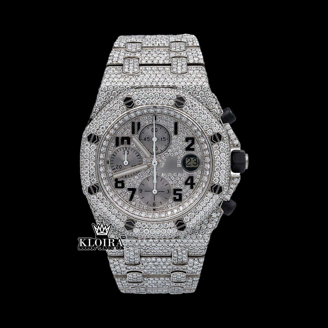 AP Chronograph Silver Moissanite Diamond iced out watch with silver dial and full chronograph functions.