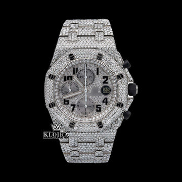 AP Chronograph Silver Moissanite Diamond iced out watch with silver dial and full chronograph functions.