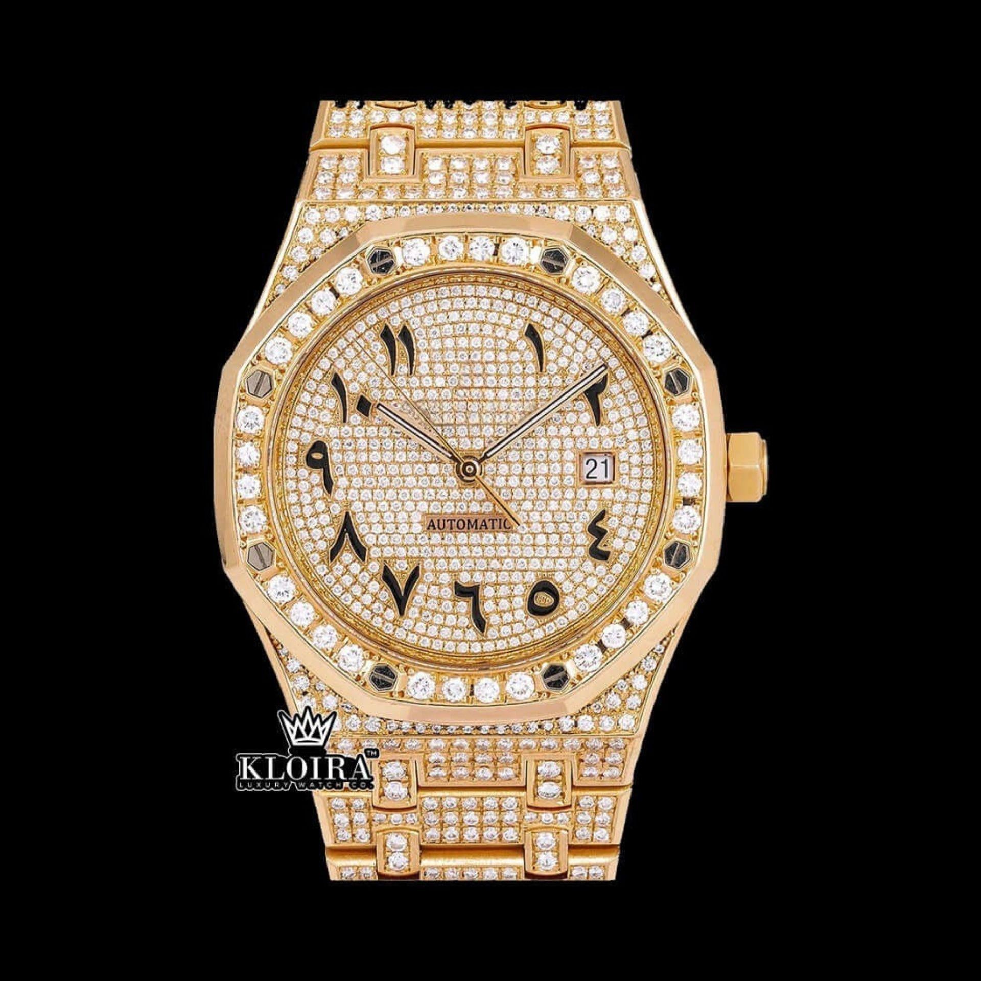 AP Yellow Gold Arabic Dial Moissanite Diamond Watch Front View