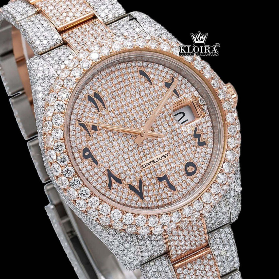 Arabic Datejust Watch Moissanite 14K Rose Gold VVS 20 Carat 42mm Front View