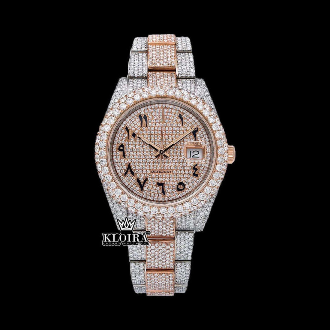 Arabic Datejust Watch Moissanite 14K Rose Gold VVS 20 Carat 42mm Front View