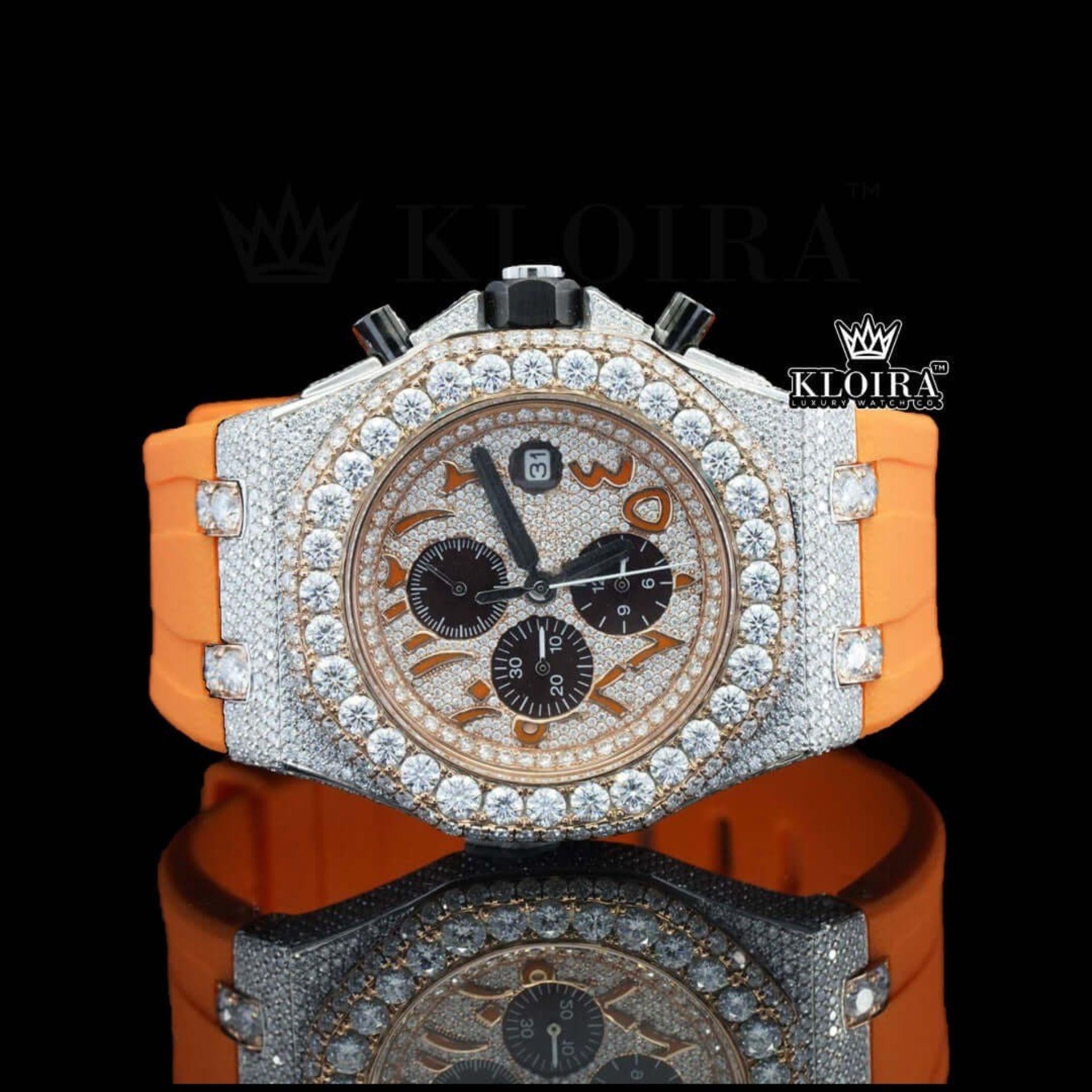 Arabic Dial Iced Out Moissanite Diamond Watch With Orange Rubber Strap Front View