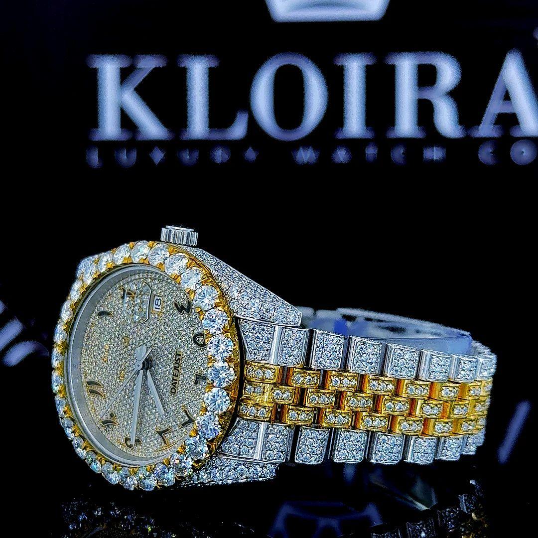 Arabic Dial Two Tone Yellow Gold Fully Iced Out Moissanite Watch Front Close View