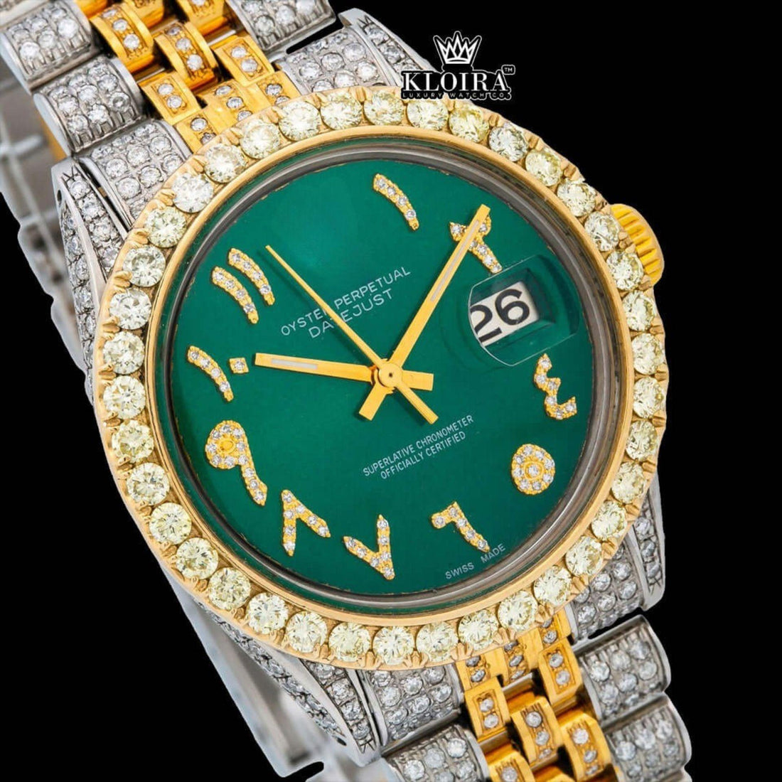 Arabic Numerals Green Dial Two Tone Iced Out Moissanite Watch Front View