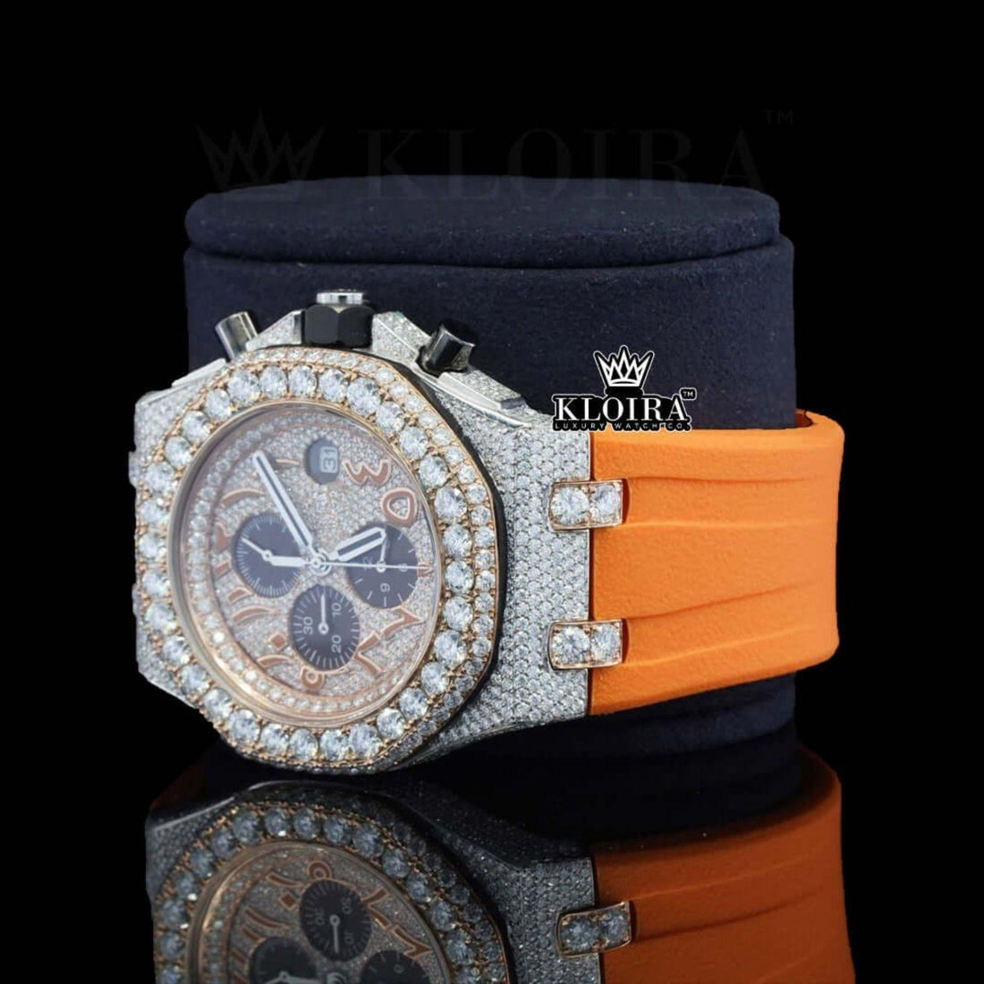 Arabic Numerals Iced Out Orange Rubber Strap Moissanite Diamond Watch Front View