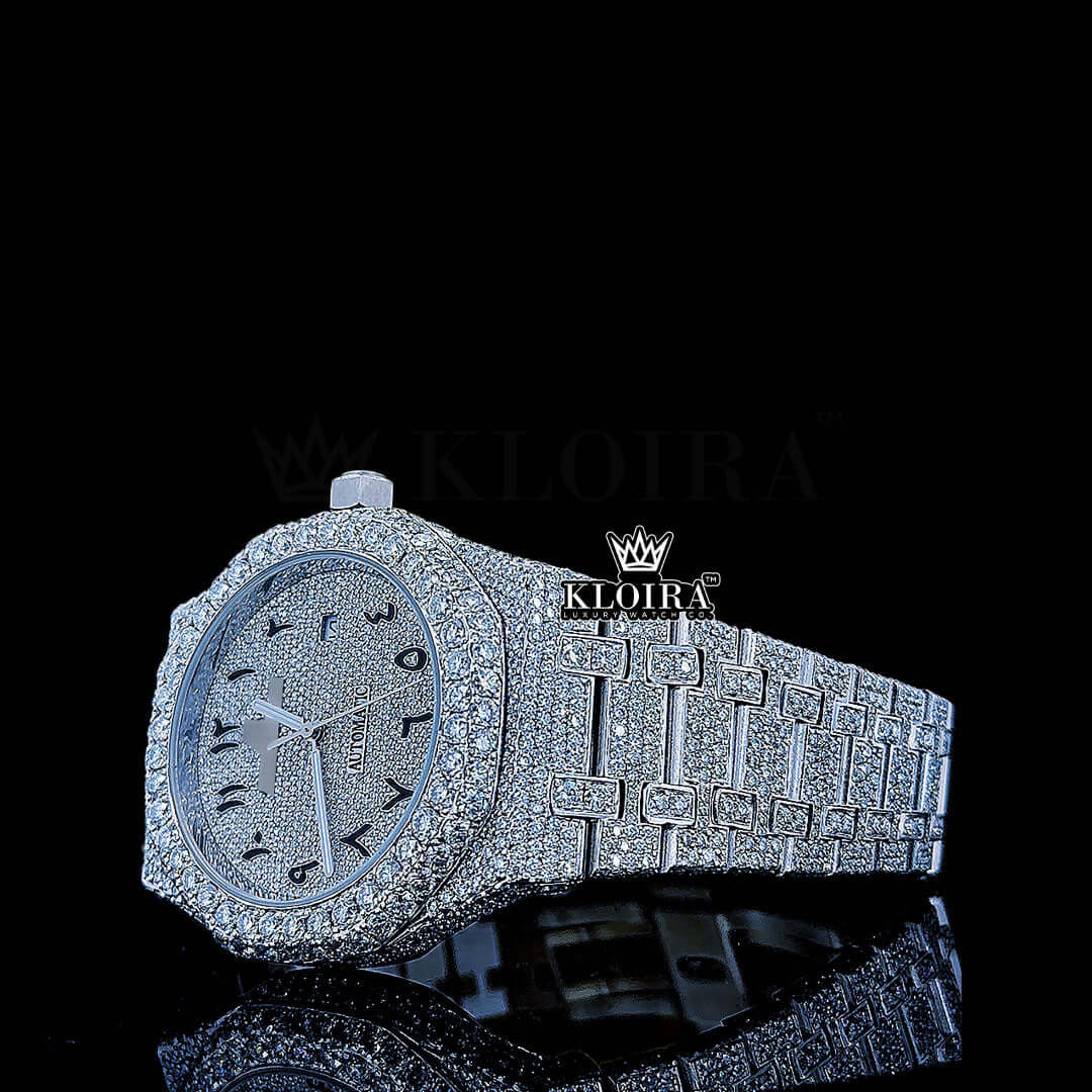 Black Arabic number dial fully iced out moissanite watch with 14K gold plating, waterproof and chronograph features.