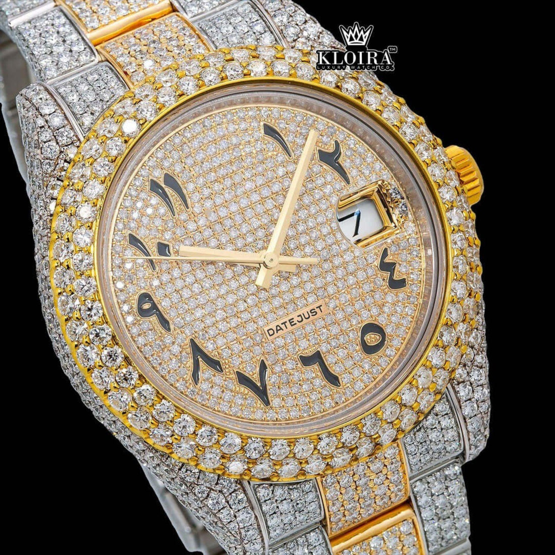Arabic Numerals Two Tone Yellow Gold Dial Moissanite Diamond Watch Front View