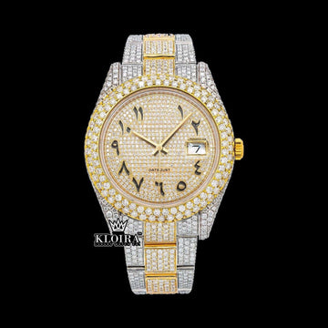 Arabic Numerals Two Tone Yellow Gold Dial Moissanite Diamond Watch Front View