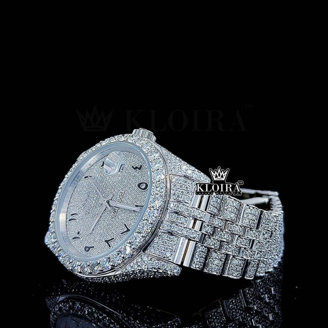 Arabic Numerals White Dial Fully Iced Out Moissanite Watch Front View