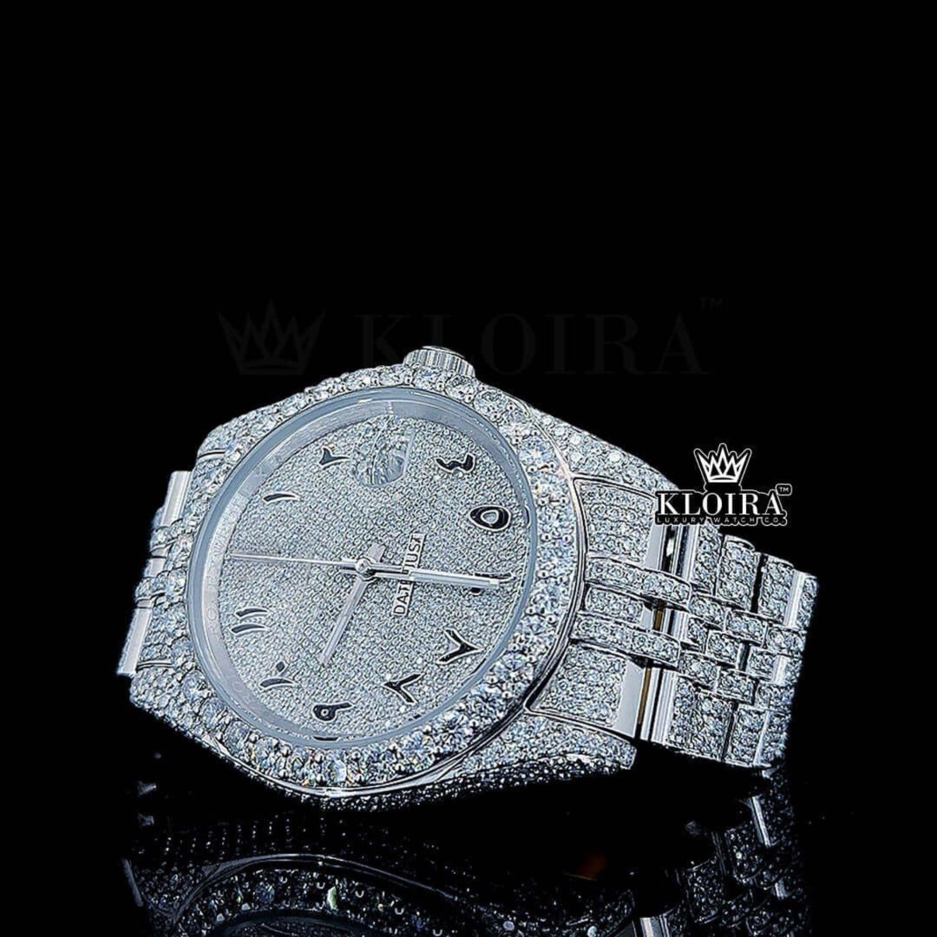 Arabic Numerals White Dial Fully Iced Out Moissanite Watch Front View