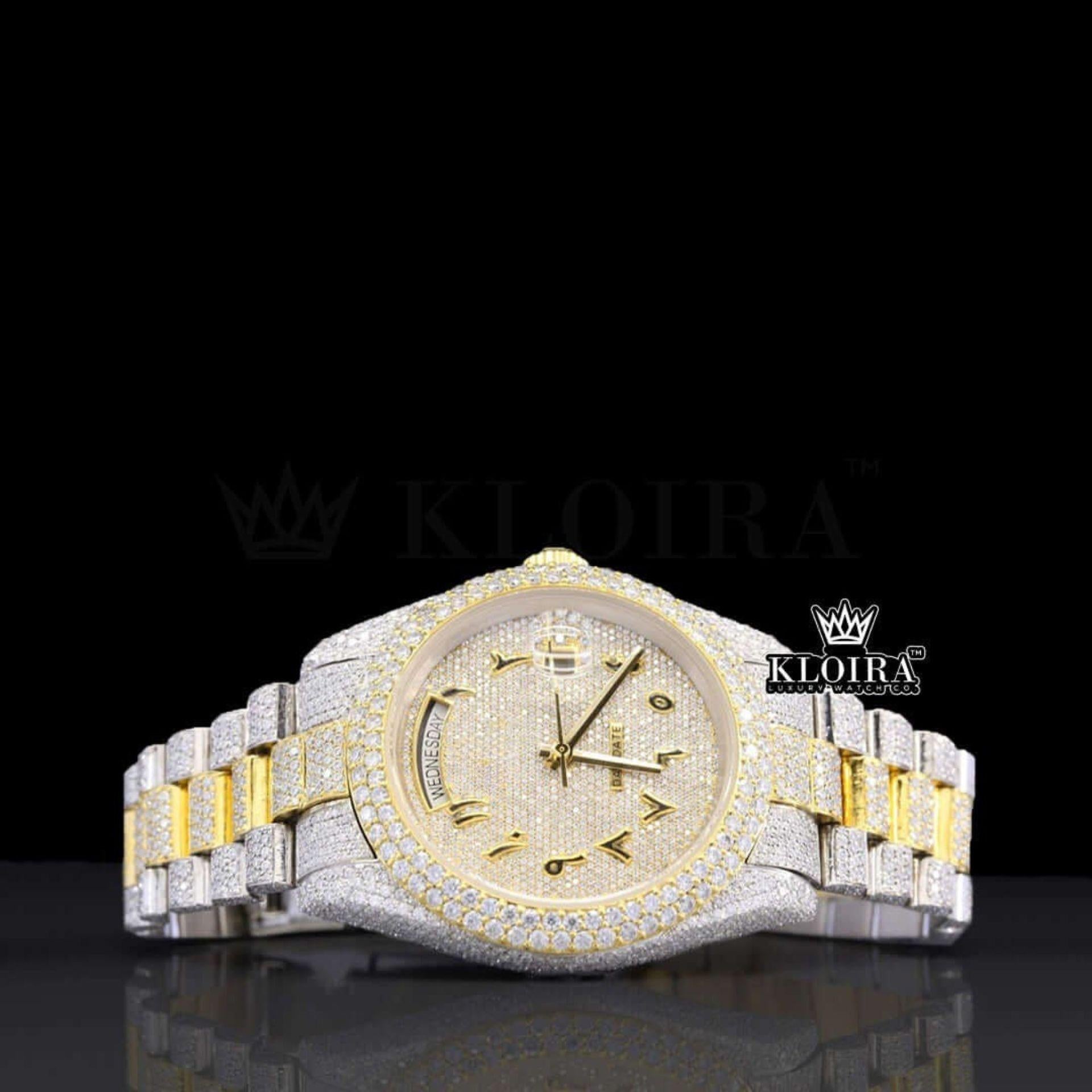 Arabic Numerals Yellow Dial Two Tone Full Iced Out Moissanite Watch Front View
