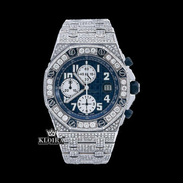 Audemars Piguet Inspired Blue Dial Iced Out Moissanite Diamond Watch Front View