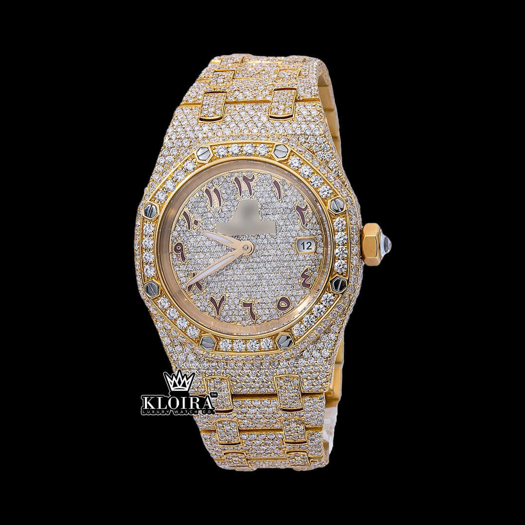 Fully iced out gold watch with Moissanite diamonds and Arabic numerals on bright yellow dial.
