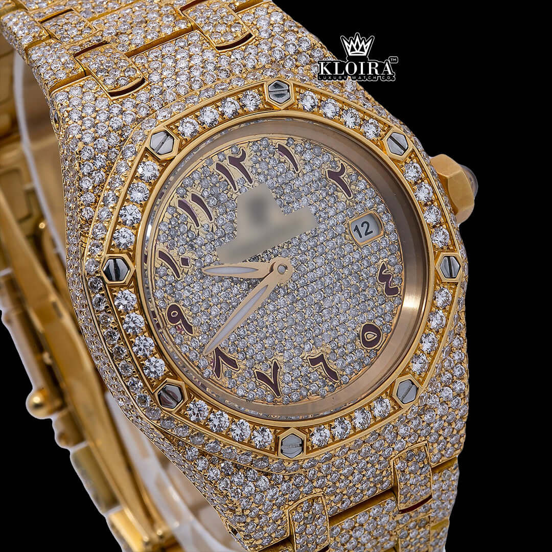Fully iced out gold watch with Moissanite diamonds and Arabic numerals on bright yellow dial.